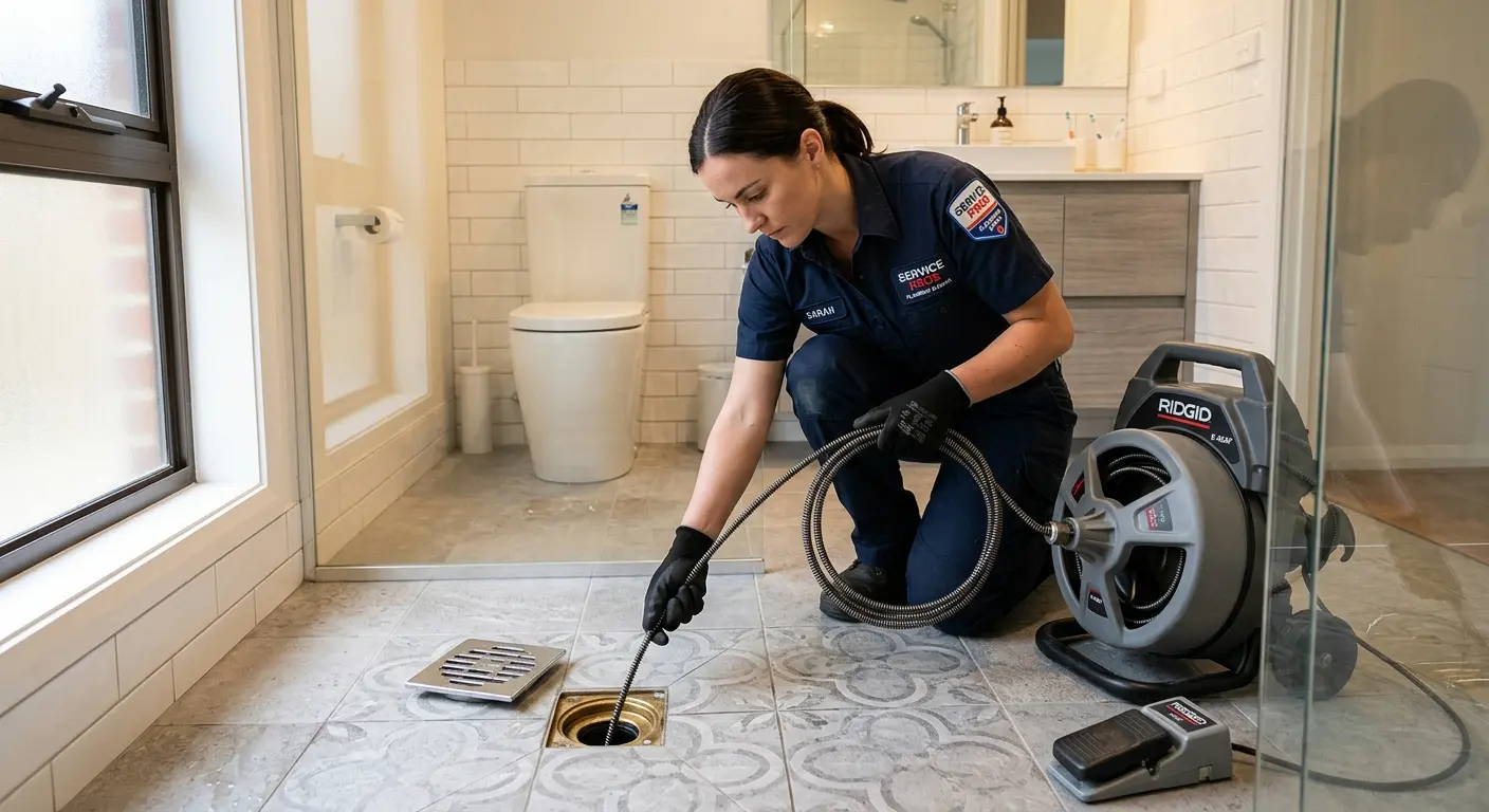 Technician clearing a bathroom floor drain for Sewer Line Installation in Mililani Mauka
